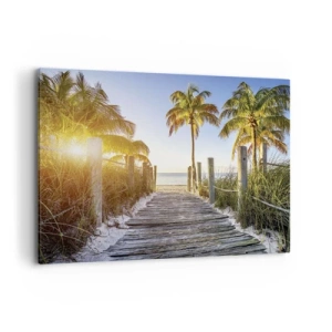 Quadro su tela - Stampe su Tela - Sentiero in legno sulla spiaggia con palme sullo sfondo - 120x80cm - Dritto in paradiso - Decorazione murale moderna per soggiorno e camera da letto ARTTOR