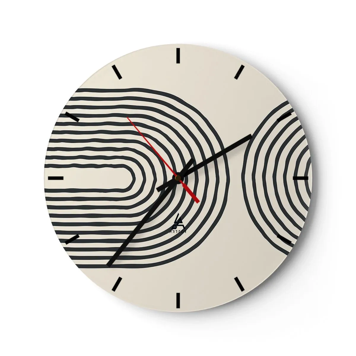 Orologio da parete - Orologio in Vetro - Linee geometriche a forma di onde concentriche su sfondo beige - 30x30cm - Tra un attimo... - Decorazione murale moderna per soggiorno, cucina e camera da letto ARTTOR