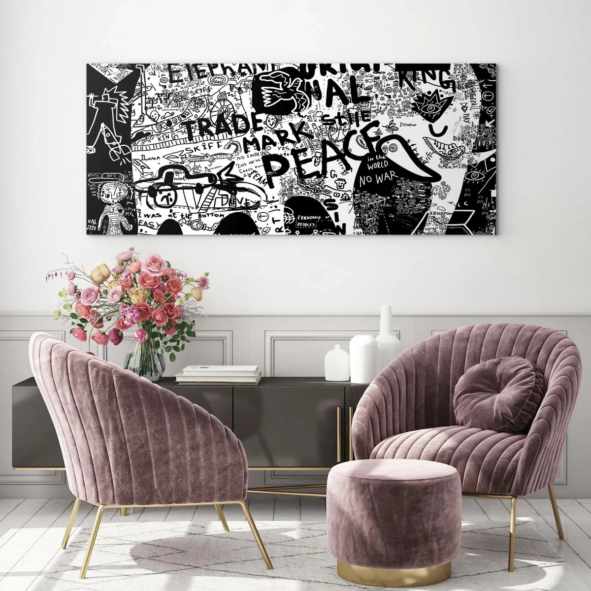 Quadro su vetro - Grafica in bianco e nero con motivi graffiti - 140x50cm - Il ricco mondo della strada - Decorazione murale moderna per soggiorno e camera da letto ARTTOR