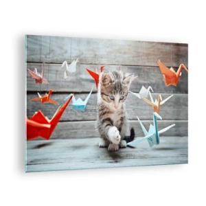 Quadro su vetro - Un gatto che gioca con delle gru origami colorate - 70x50cm - Prima lezione - Decorazione murale moderna per soggiorno e camera da letto ARTTOR