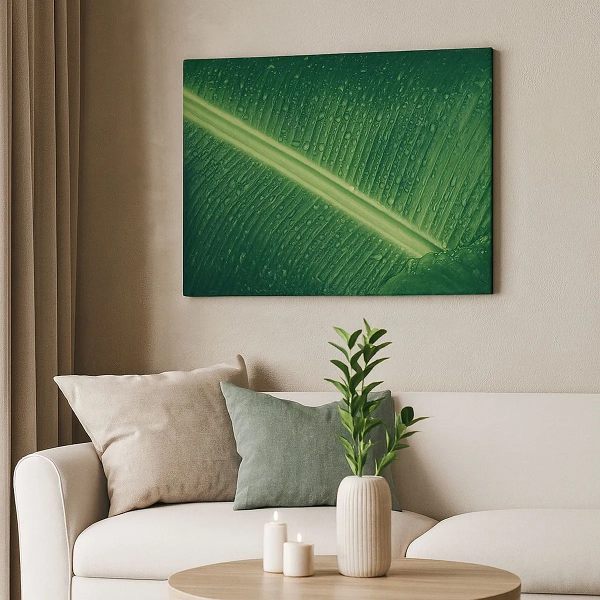 Quadro su tela - Stampe su Tela - Una foglia verde con gocce d'acqua sulla sua superficie - 70x50cm - La struttura del verde - Decorazione murale moderna per soggiorno e camera da letto ARTTOR