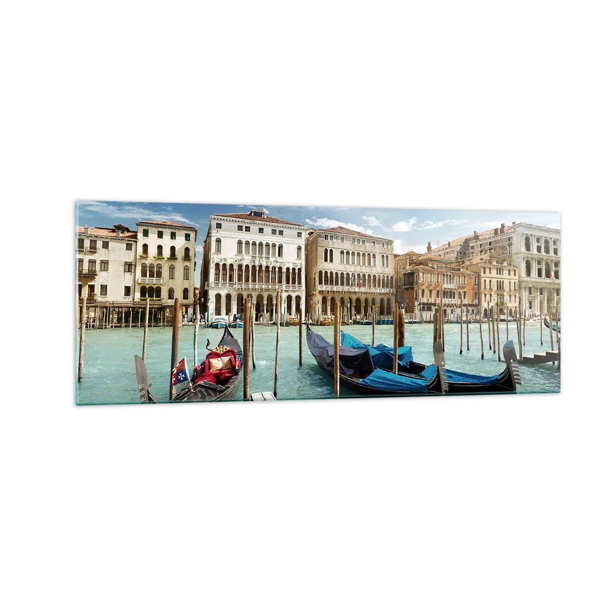 Quadro su vetro - Venezia con gondole e palazzi contro il cielo - 140x50cm - Palazzi nel blu - Decorazione murale moderna per soggiorno e camera da letto ARTTOR