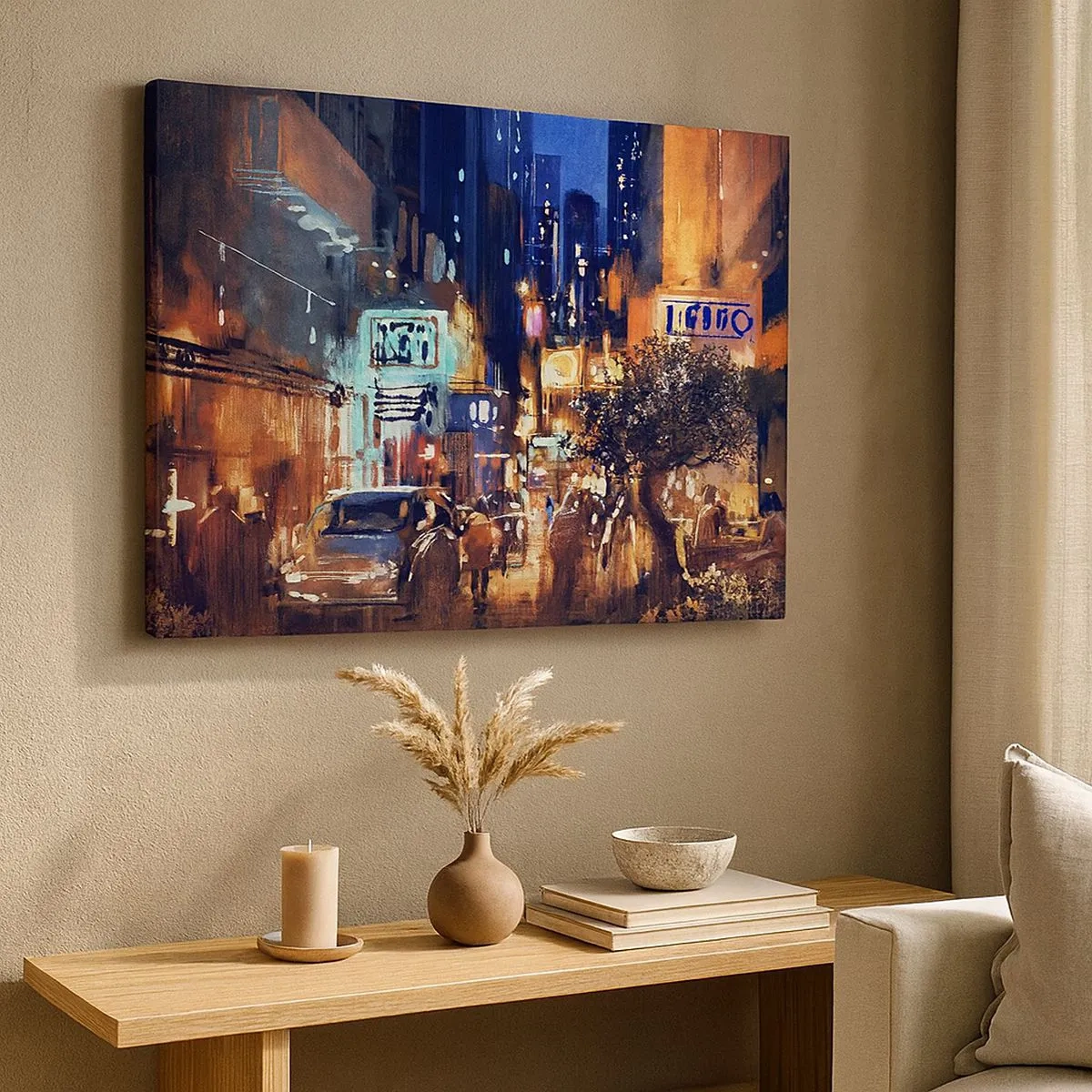 Quadro su tela - Stampe su Tela - Paesaggio urbano serale in stile impressionista - 70x50cm - Ma la città non dorme - Decorazione murale moderna per soggiorno e camera da letto ARTTOR