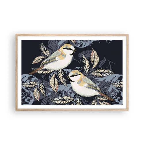 Poster in cornice rovere chiaro - Cinguettio oro e blu - 91x61 cm