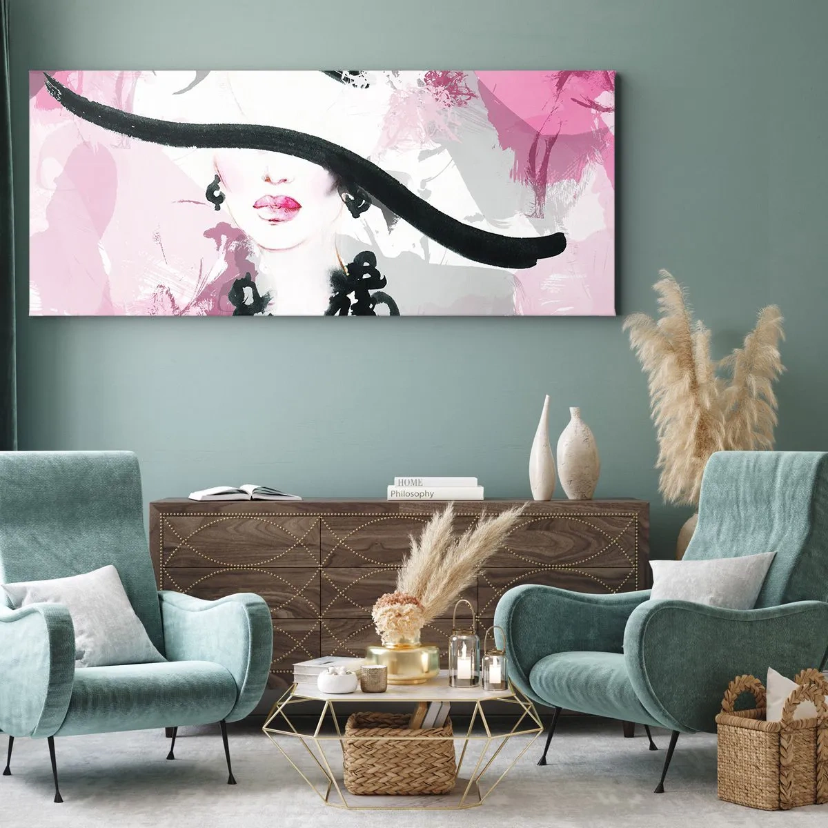 Quadro su tela - Stampe su Tela - Ritratto di donna in nero e rosa - 100x40 cm