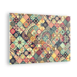 Quadro su vetro - Un motivo colorato ispirato alle piastrelle marocchine con motivi geometrici - 70x50cm - L'atmosfera del Marocco - Decorazione murale moderna per soggiorno e camera da letto ARTTOR