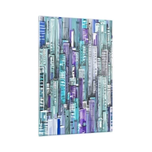 Quadro su vetro - Illustrazione di una città con edifici geometrici nelle tonalità del blu e del viola. - 80x120cm - Bluastri dal cielo - Decorazione murale moderna per soggiorno e camera da letto ARTTOR