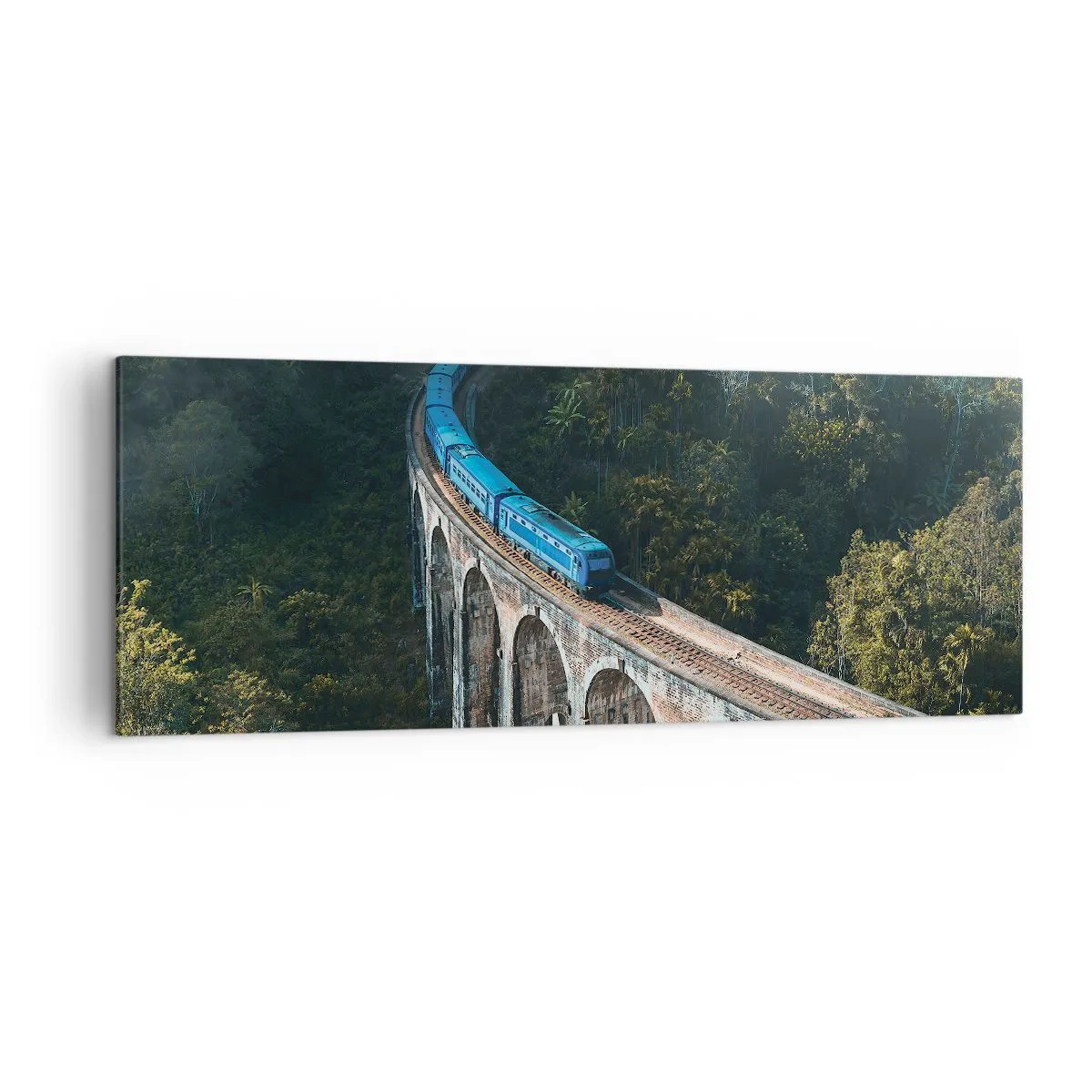 Quadro su tela - Stampe su Tela - Un treno blu su un viadotto storico tra le foreste - 140x50cm - Attrazione della natura - Decorazione murale moderna per soggiorno e camera da letto ARTTOR