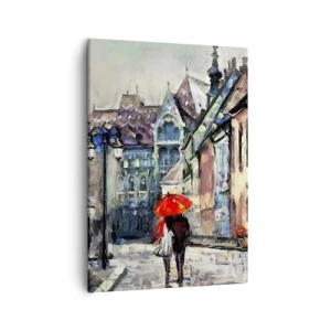 Quadro su tela - Stampe su Tela - Un'affascinante strada cittadina con una coppia sotto un ombrello rosso - 50x70cm - Pioggia per due - Decorazione murale moderna per soggiorno e camera da letto ARTTOR