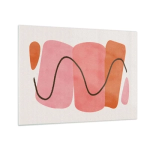 Quadro su vetro - Forme astratte in rosa e arancione con una linea nera - 70x50cm - Il delicato movimento delle forme - Decorazione murale moderna per soggiorno e camera da letto ARTTOR