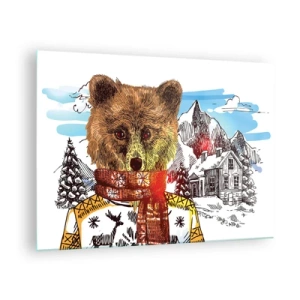 Quadro su vetro - Un orso con maglione e sciarpa, sullo sfondo montagne e una casa. - 70x50cm - La capanna dell'orso - Decorazione murale moderna per soggiorno e camera da letto ARTTOR