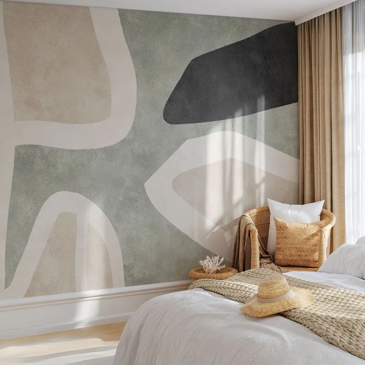 Fotomurali Premium Sand - Forma astratta con beige, verde e nero - 100x70cm - Composizione con motivi in nero - Decorazione murale moderna per soggiorno e camera da letto ARTTOR