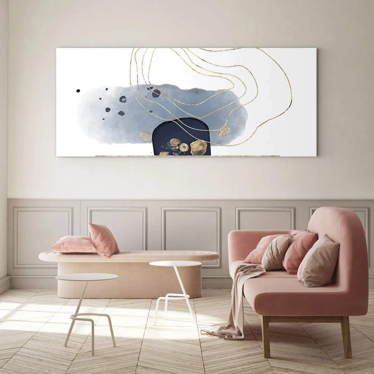 Quadro su vetro - Astrazione nei toni del blu e dell'oro - 140x50cm - Fantasia blu e oro - Decorazione murale moderna per soggiorno e camera da letto ARTTOR