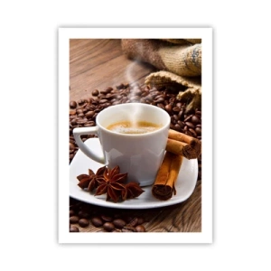 Poster - Una tazza di caffè con spezie su uno sfondo di chicchi di caffè - 50x70cm - Sapore e profumo speziato - Decorazione murale moderna per soggiorno e camera da letto ARTTOR