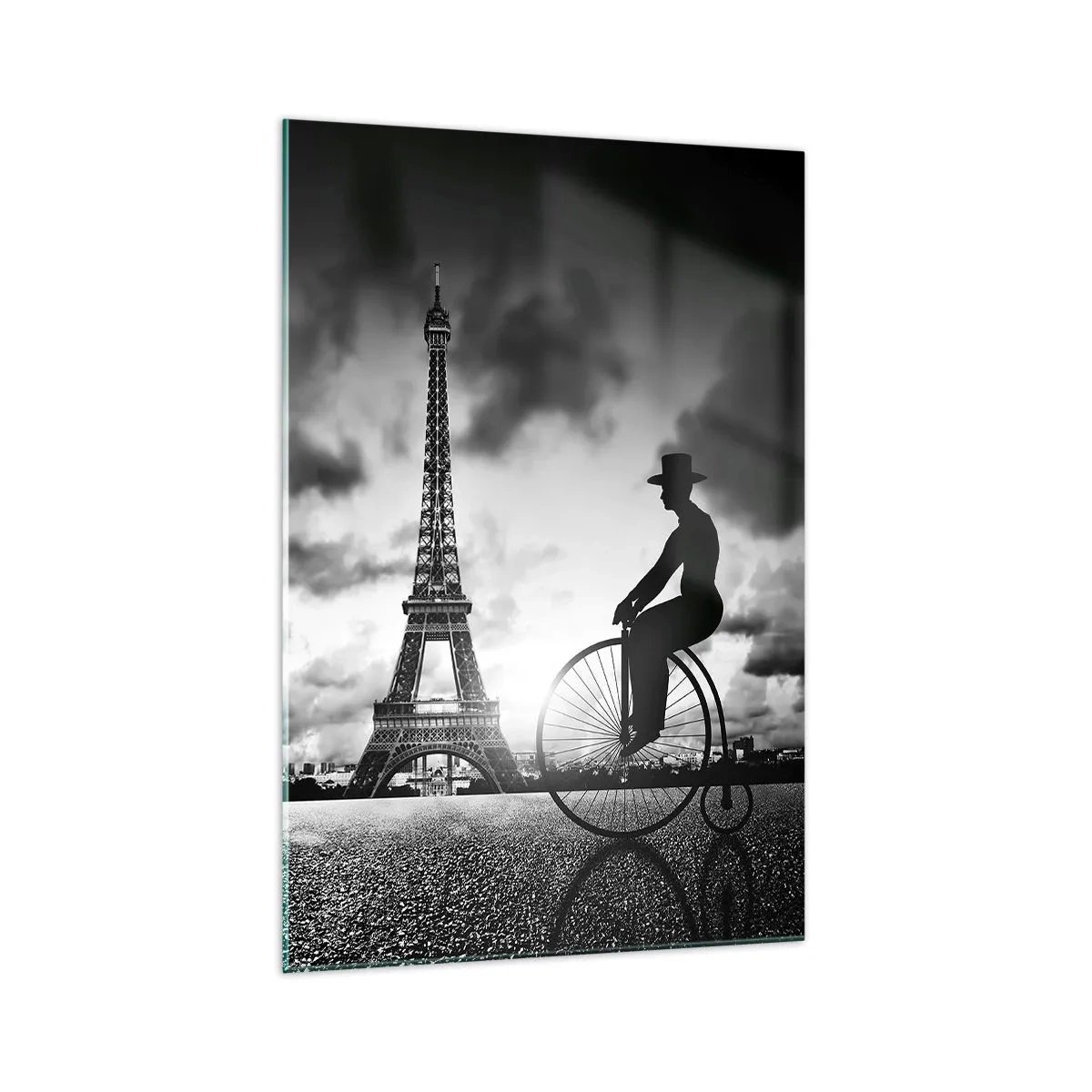 Quadro su vetro - Immagine in bianco e nero di una bicicletta retrò con la Torre Eiffel sullo sfondo - 70x100cm - Nostalgia della Belle Epoque - Decorazione murale moderna per soggiorno e camera da letto ARTTOR