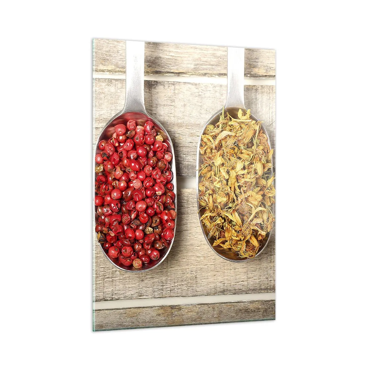 Quadro su vetro - Tre cucchiai con spezie su uno sfondo rustico di legno - 50x70cm - Magia in cucina - Decorazione murale moderna per soggiorno e camera da letto ARTTOR