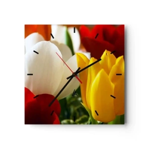 Orologio da parete - Orologio in Vetro - Primo piano di tulipani colorati su uno sfondo primaverile - 30x30cm - La febbre dei tulipani - Decorazione murale moderna per soggiorno e camera da letto ARTTOR