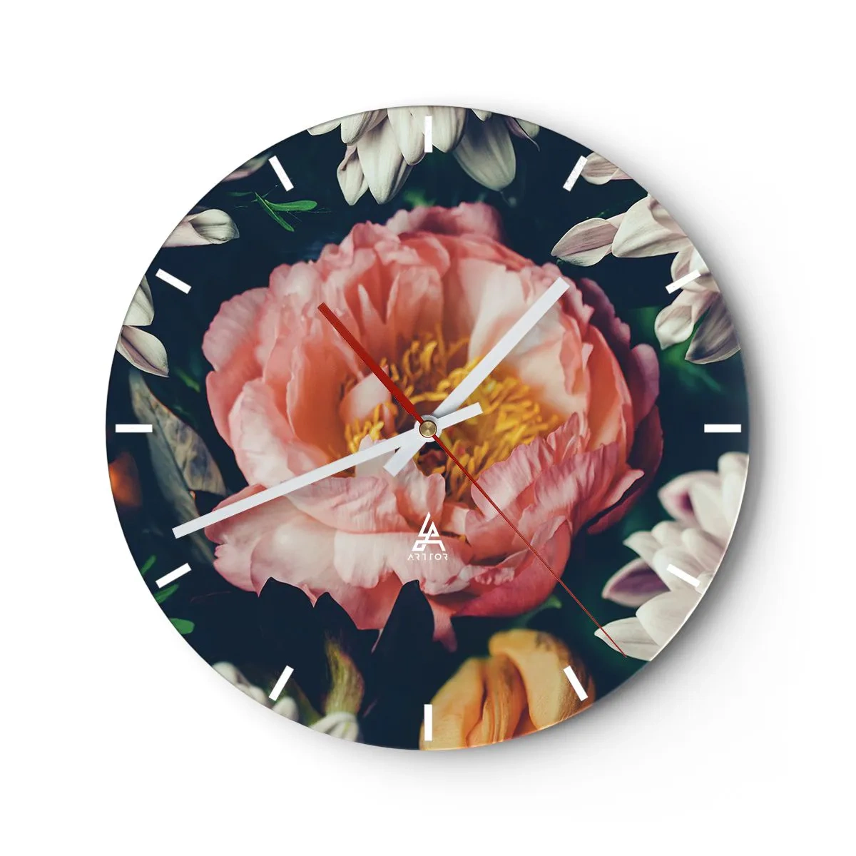 Orologio da parete - Orologio in Vetro - Primo piano di un fiore di peonia rosa circondato da altri fiori - 30x30cm - Con fasto barocco - Decorazione murale moderna per soggiorno, cucina e camera da letto ARTTOR