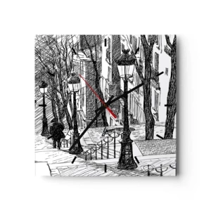 Orologio da parete - Orologio in Vetro - Una strada con lampioni e una sagoma umana in tecnica di schizzo - 30x30cm - Storia d'amore o racconto di paura? - Decorazione murale moderna per soggiorno e camera da letto ARTTOR
