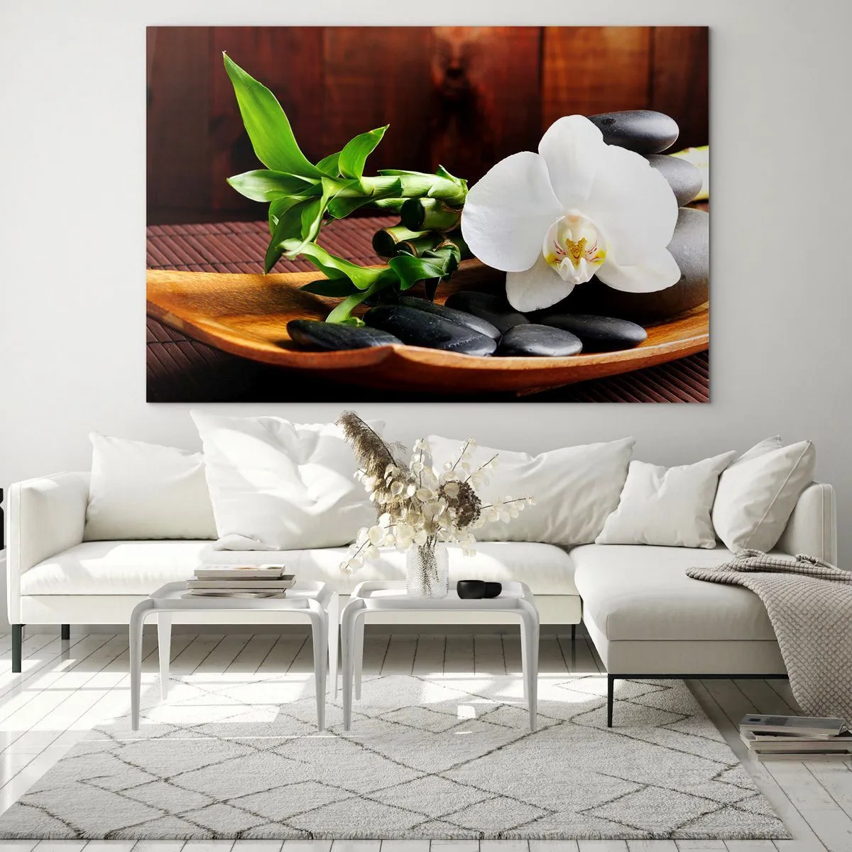 Quadro su vetro - Orchidea bianca su pietre nere e bambù in una ciotola di legno - 120x80cm - Lasciati toccare dalla natura - Decorazione murale moderna per soggiorno e camera da letto ARTTOR