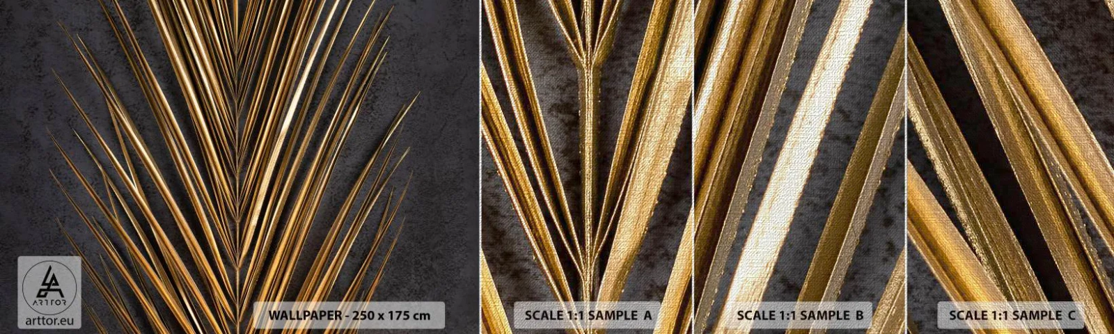 Campione di Fotomurale Premium Canvas - L'oro dei tropici - Foglia di palma, Pezzo, Astrazione - 100x30 cm