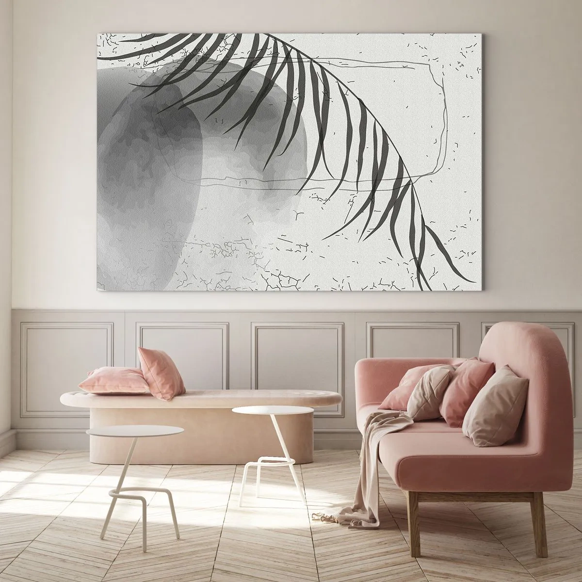 Quadro su vetro - Grafica con ombra di foglie di palma in bianco e nero - 70x50cm - La delicata esoticità della natura - Decorazione murale moderna per soggiorno e camera da letto ARTTOR
