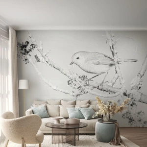 Fotomurali Premium Canvas - Uccello su un ramo in bianco e nero con uno stile minimalista - 100x70cm - Mattino invernale - Decorazione murale moderna per soggiorno e camera da letto ARTTOR