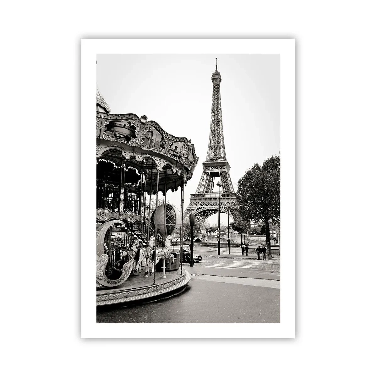 Poster - Foto in bianco e nero della giostra e della torre sullo sfondo - 50x70cm - Se divertimento, solo a Parigi - Decorazione murale moderna per soggiorno e camera da letto ARTTOR