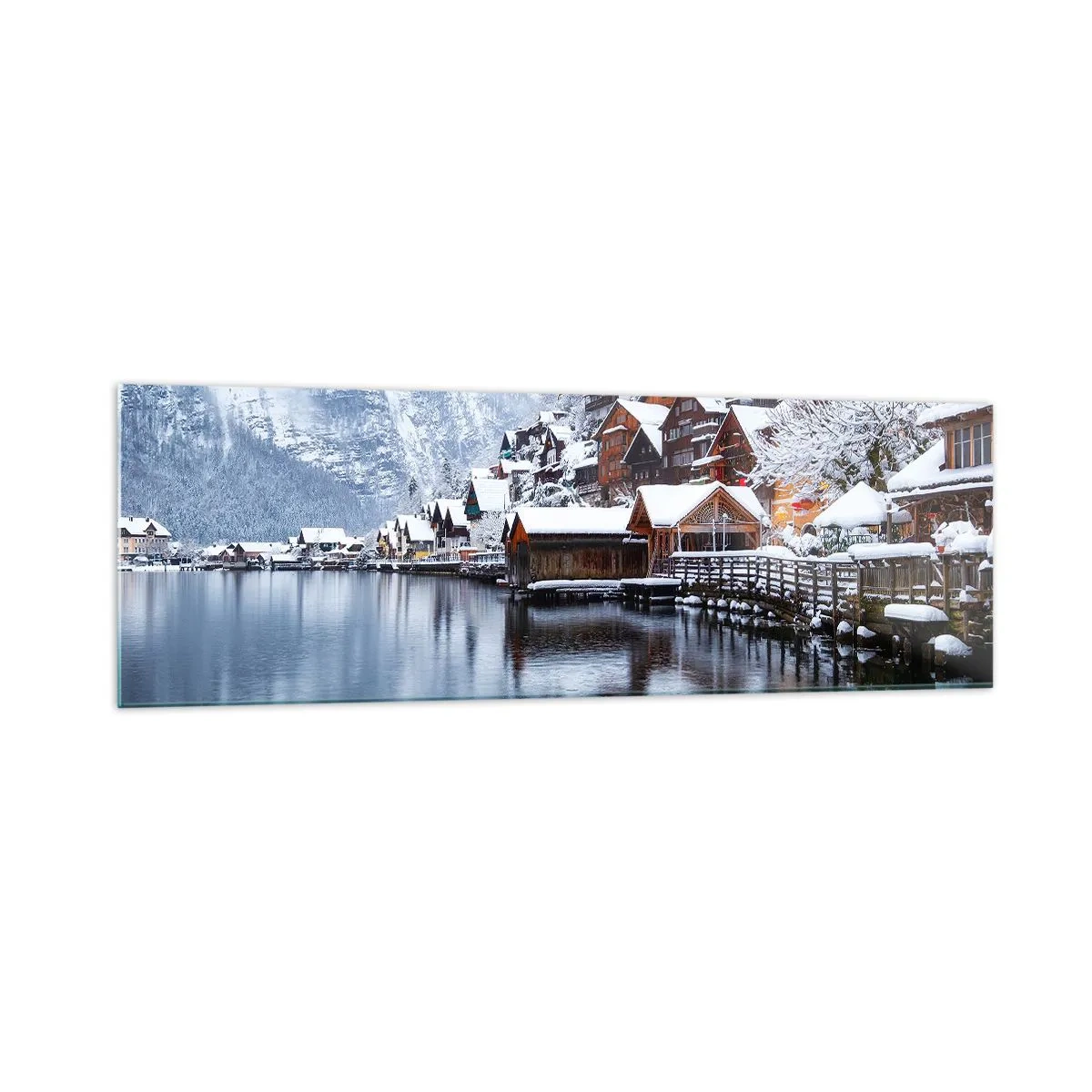 Quadro su vetro - Vista invernale di un villaggio di montagna in riva al lago - 160x50cm - Decorazione invernale - Decorazione murale moderna per soggiorno e camera da letto ARTTOR