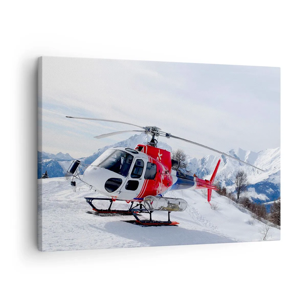 Quadro su tela - Stampe su Tela - Un elicottero rosso sullo sfondo di un paesaggio montano innevato. - 70x50cm - Sempre pronto - Decorazione murale moderna per soggiorno e camera da letto ARTTOR