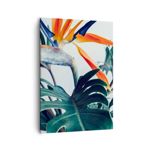 Quadro su tela - Stampe su Tela - Fiore di Strelitzia circondato da foglie in piena luce - 50x70cm - Pianta uccello - Decorazione murale moderna per soggiorno e camera da letto ARTTOR