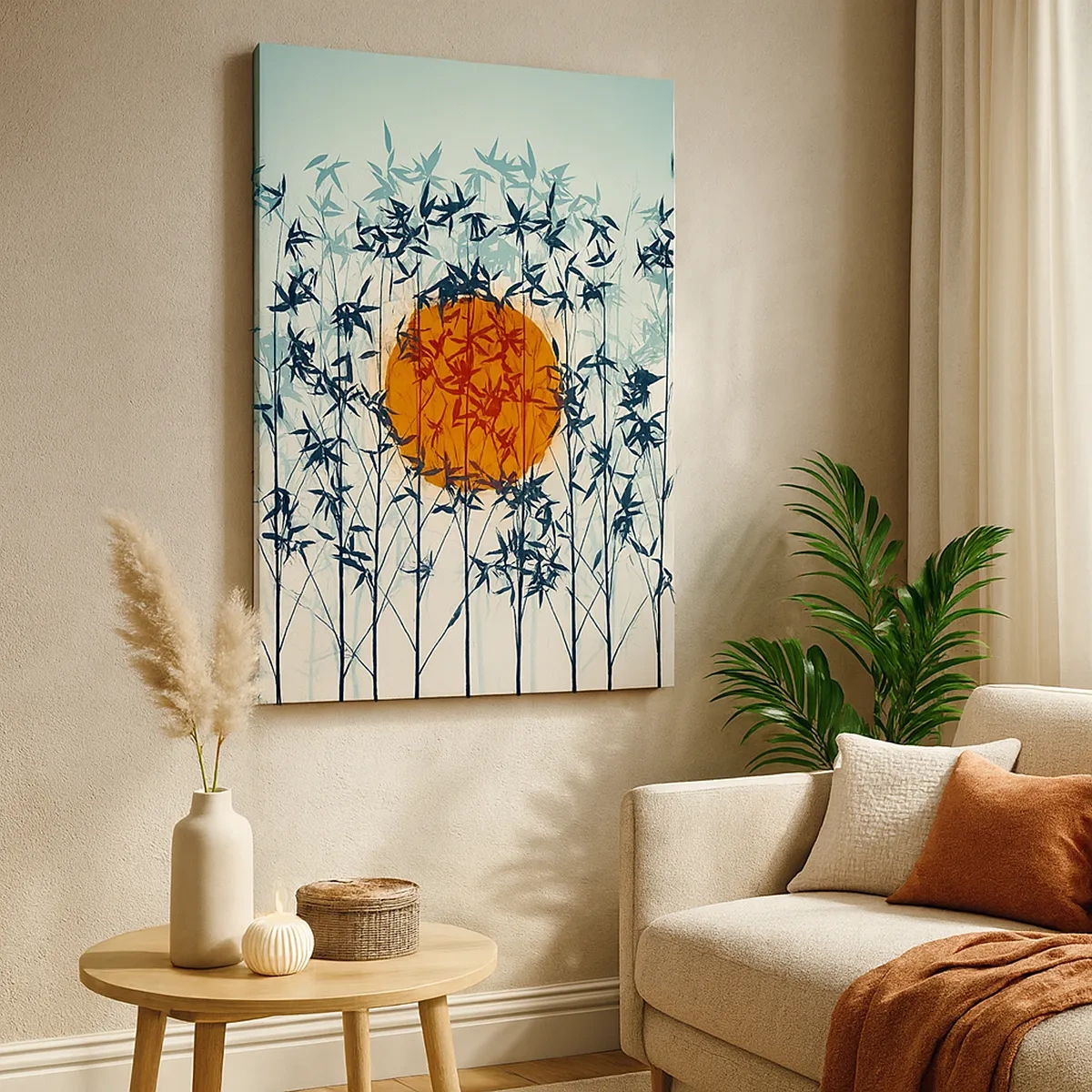 Quadro su tela - Stampe su Tela - Sole arancione tra i rami di bambù - 50x70cm - Sole giapponese - Decorazione murale moderna per soggiorno e camera da letto ARTTOR