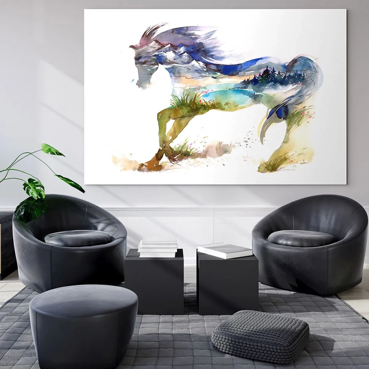 Quadro su vetro - Acquerello di un cavallo con un paesaggio montano in silhouette - 100x70cm - Direttamente dal prato al cielo - Decorazione murale moderna per soggiorno e camera da letto ARTTOR