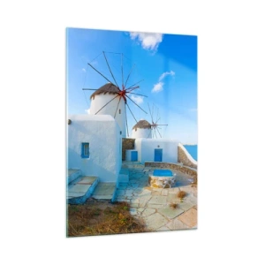 Quadro su vetro - Mulini a vento sulla costa dell'Egeo - 50x70cm - Vento azzurro sul mare - Decorazione murale moderna per soggiorno e camera da letto ARTTOR