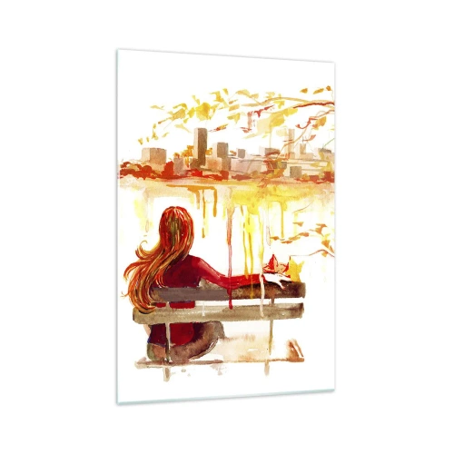 Quadro su vetro - Scena ad acquerello di una donna su una panchina con vista sulla città - 70x100cm - Un momento di riflessione - Decorazione murale moderna per soggiorno e camera da letto ARTTOR