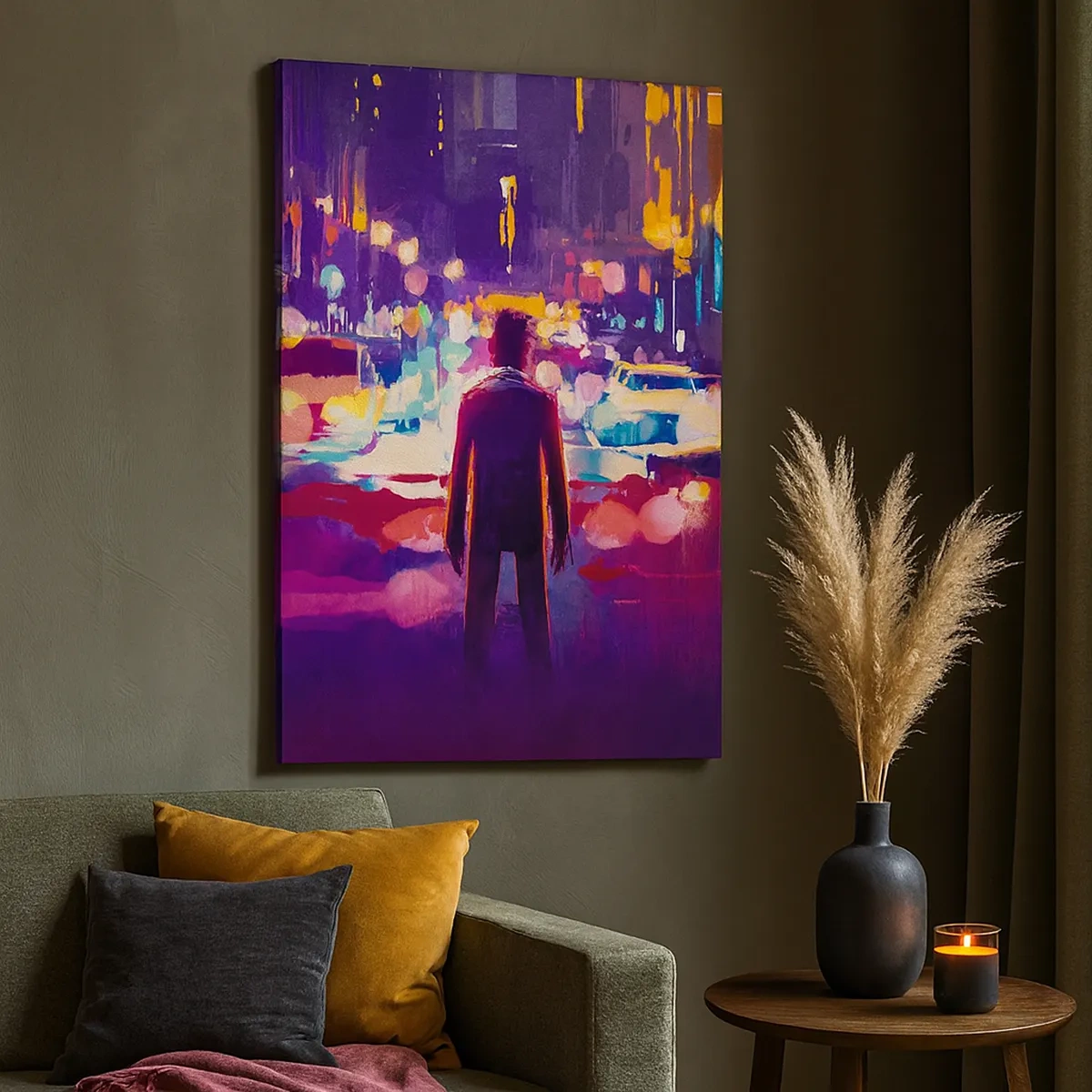 Quadro su tela - Stampe su Tela - Un uomo in una scena notturna di una città al neon - 50x70cm - Immerso nella luce - Decorazione murale moderna per soggiorno e camera da letto ARTTOR