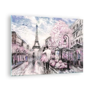 Quadro su vetro - Coppia romantica a Parigi con la Torre Eiffel sullo sfondo - 70x50cm - Se innamorarsi, allora solo a... - Decorazione murale moderna per soggiorno e camera da letto ARTTOR