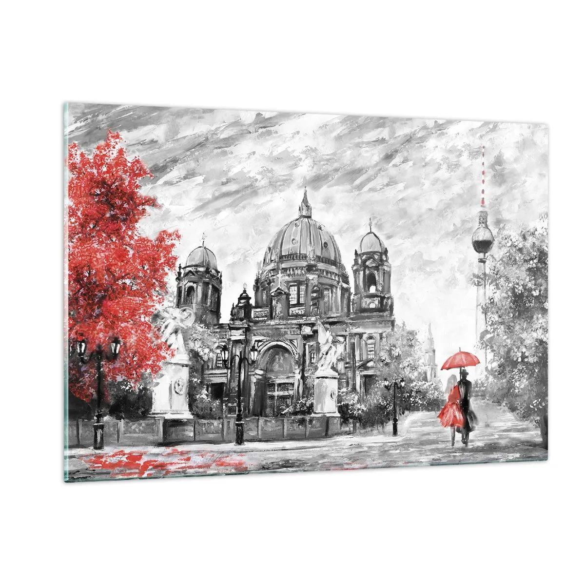 Quadro su vetro - Cattedrale di Berlino con accento rosso in toni monocromatici - 120x80cm - Incontro a Berlino - Decorazione murale moderna per soggiorno e camera da letto ARTTOR
