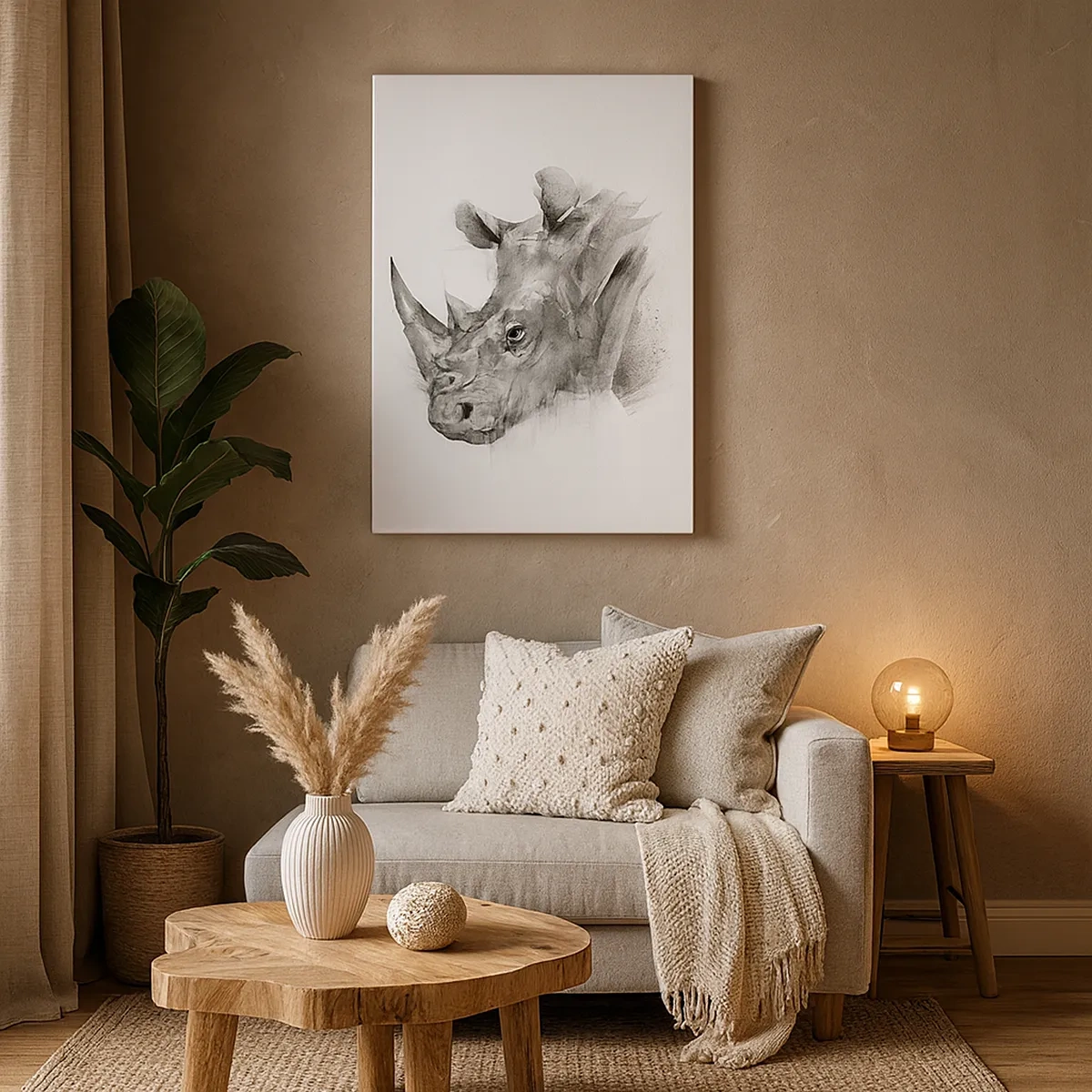 Quadro su tela - Stampe su Tela - Ritratto artistico di un rinoceronte in bianco e nero - 50x70cm - Ritratto africano - Decorazione murale moderna per soggiorno e camera da letto ARTTOR
