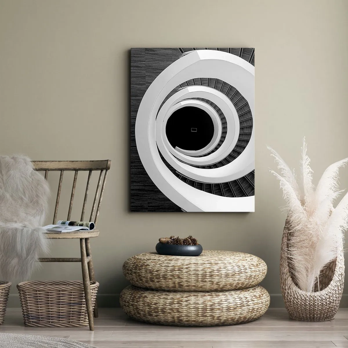 Quadro su tela - Stampe su Tela - Scala a chiocciola bianca e nera in stile moderno - 50x70cm - Verso l'essenza delle cose - Decorazione murale moderna per soggiorno e camera da letto ARTTOR