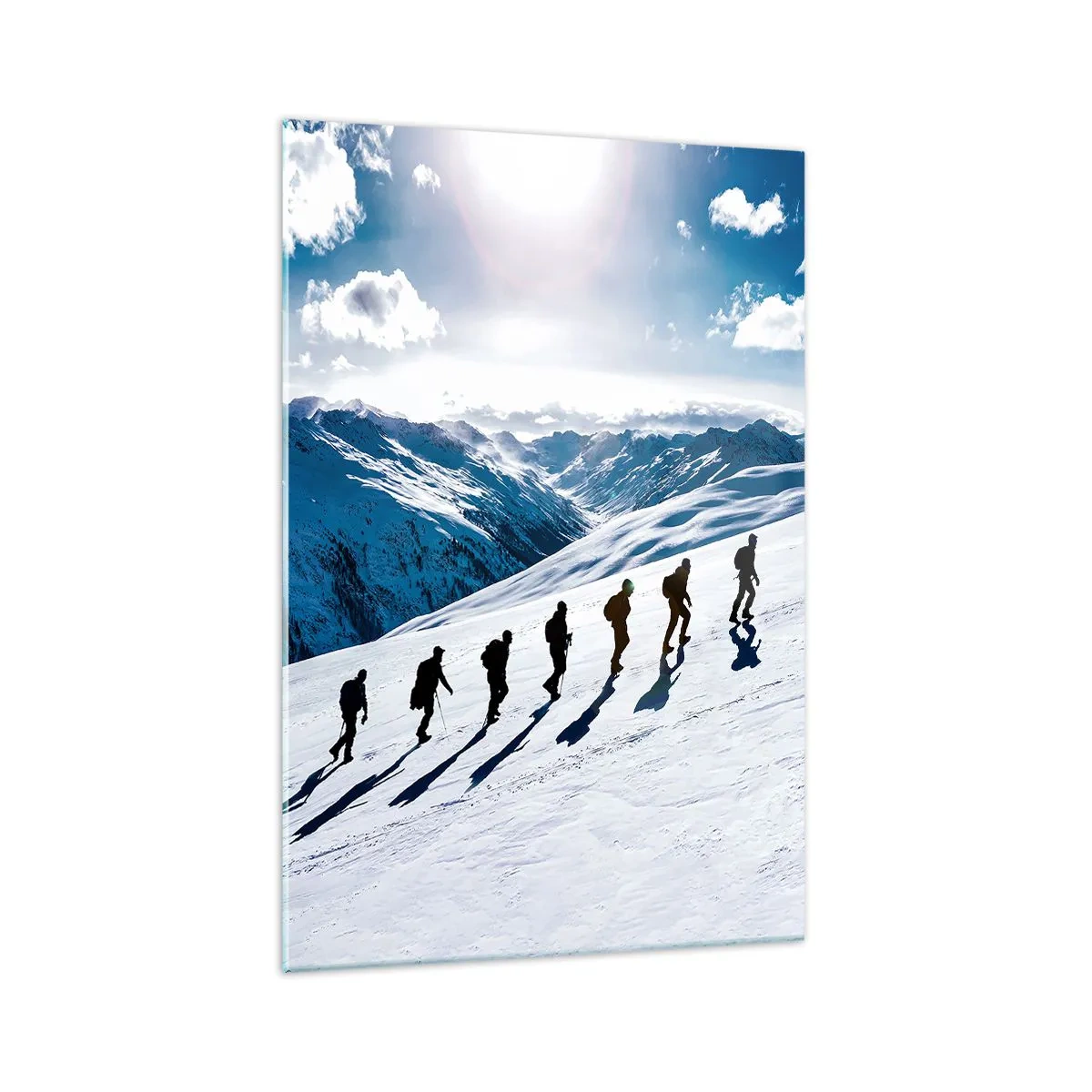 Quadro su vetro - Un gruppo di alpinisti che scalano un pendio innevato - 70x100cm - La squadra dei conquistatori - Decorazione murale moderna per soggiorno e camera da letto ARTTOR