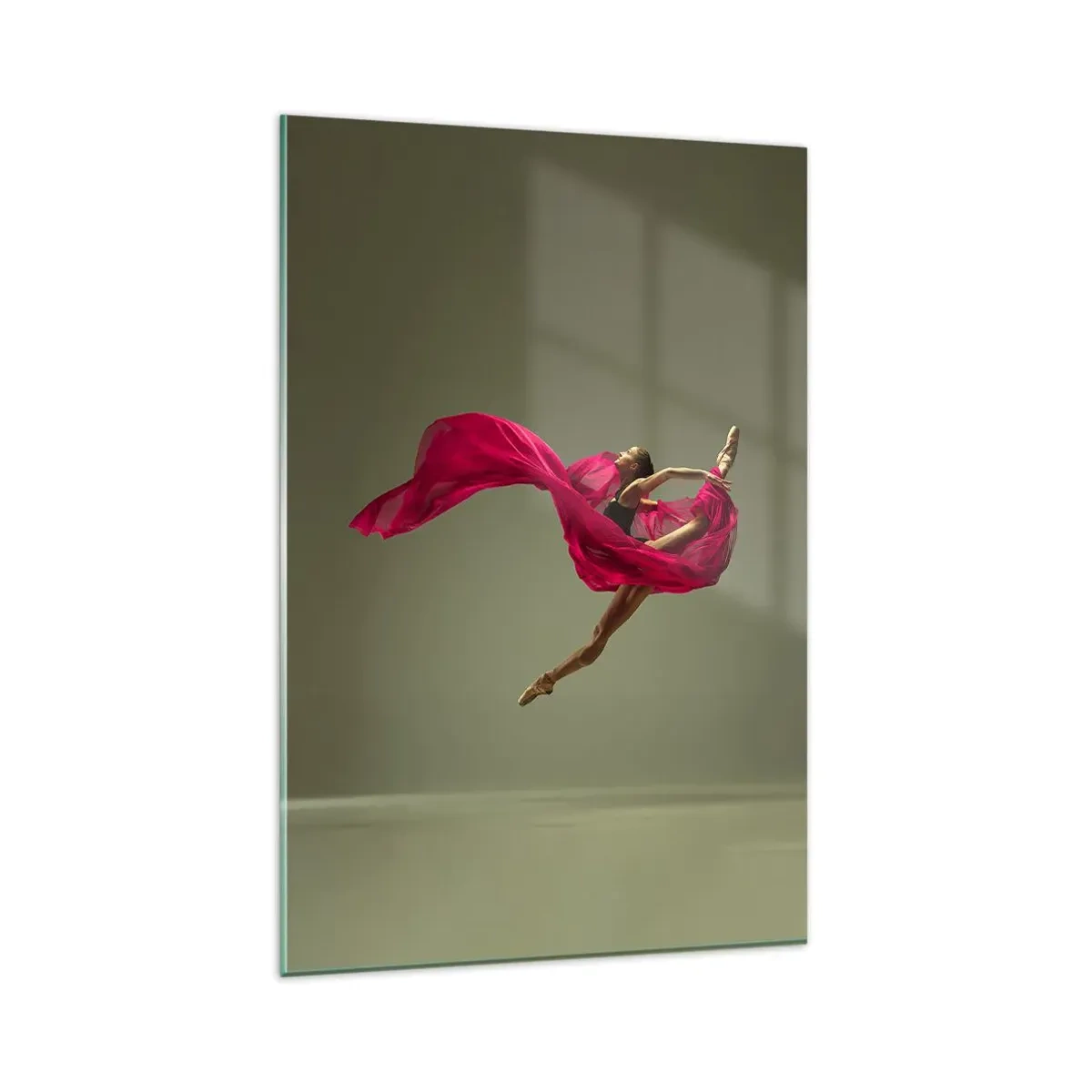 Quadro su vetro - Ballerina in posa dinamica con tessuto rosa - 80x120cm - Fiamma danzante - Decorazione murale moderna per soggiorno e camera da letto ARTTOR