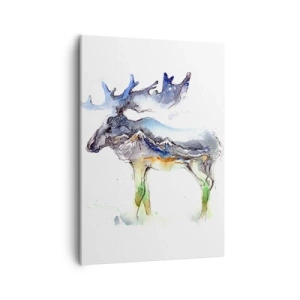 Quadro su tela - Stampe su Tela - Sagoma ad acquerello di un alce con un paesaggio montano - 50x70cm - Il protagonista dei racconti invernali - Decorazione murale moderna per soggiorno e camera da letto ARTTOR