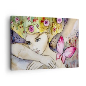 Quadro su tela - Stampe su Tela - Una donna con un'acconciatura astratta e una farfalla rosa - 70x50cm - La farfalla della principessa - Decorazione murale moderna per soggiorno e camera da letto ARTTOR