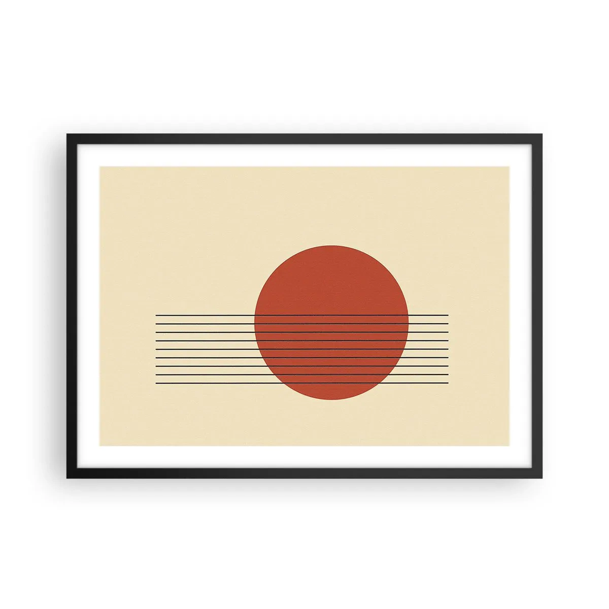 Poster in cornice nera - Cerchio rosso astratto con linee su sfondo beige. - 70x50cm - Nel cerchio e oltre - Decorazione murale moderna per soggiorno e camera da letto ARTTOR