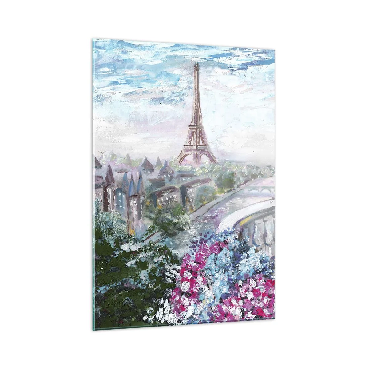 Quadro su vetro - Illustrazione di una vista della Torre Eiffel con un balcone pieno di fiori - 50x70cm - Bellissimo qui a maggio - Decorazione murale moderna per soggiorno e camera da letto ARTTOR