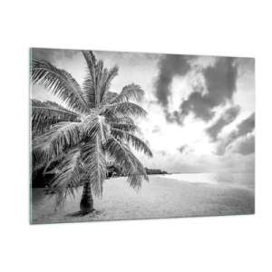 Quadro su vetro - Una palma bianca e nera su una spiaggia deserta con un cielo nuvoloso. - 120x80cm - Quando hai nostalgia della solitudine... - Decorazione murale moderna per soggiorno e camera da letto ARTTOR