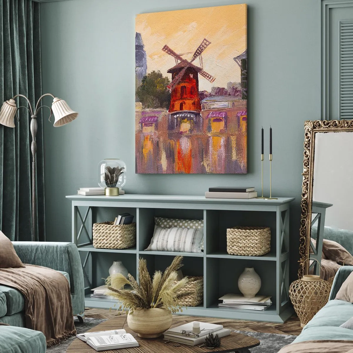 Quadro su tela - Stampe su Tela - Il mulino a vento rosso del Moulin Rouge circondato dal paesaggio urbano - 50x70cm - Le icone di Parigi: il Moulin Rouge - Decorazione murale moderna per soggiorno e camera da letto ARTTOR