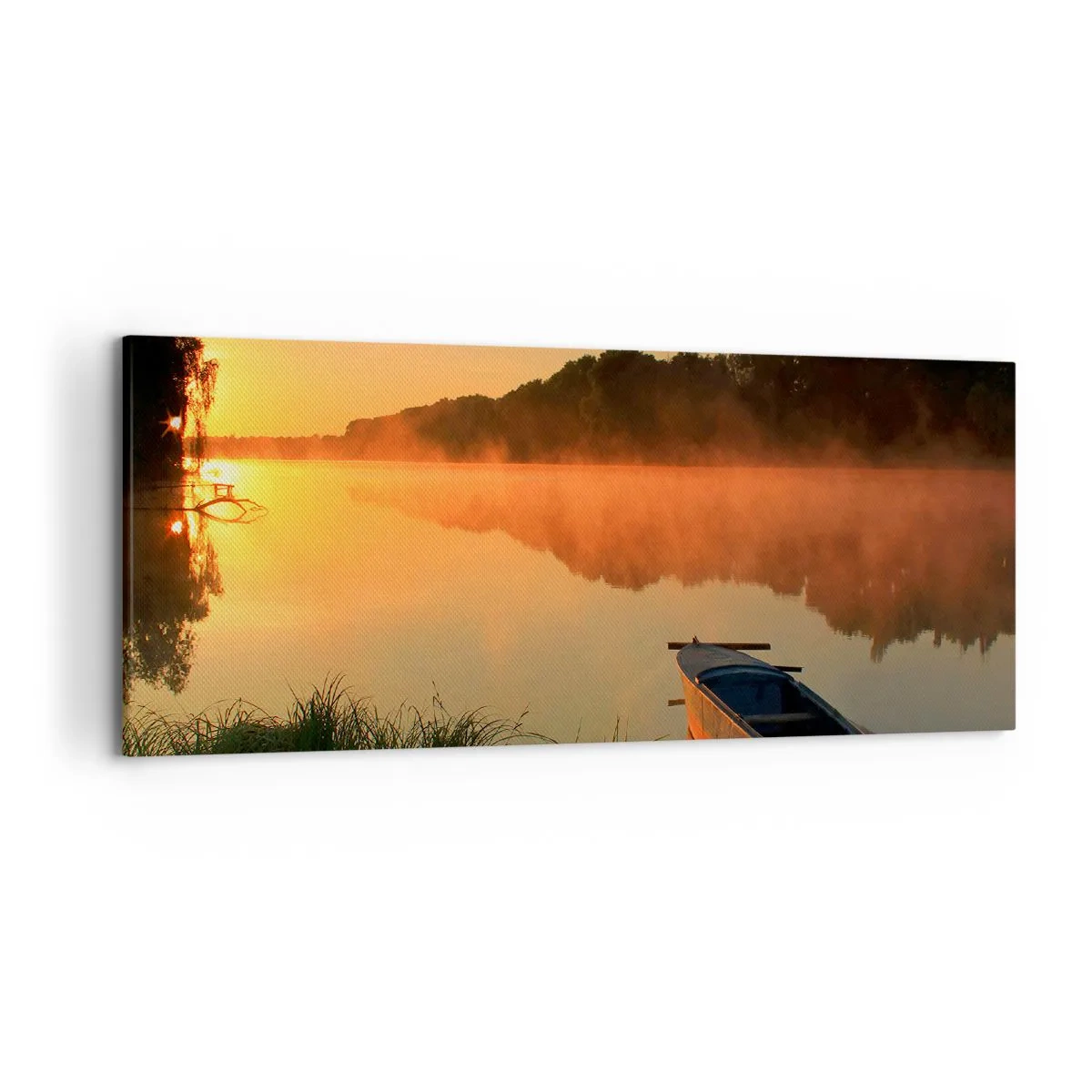 Quadro su tela - Stampe su Tela - Nebbia mattutina sul fiume con una barca sotto i raggi del sole - 120x50cm - Alba sull'acqua, come uno specchio - Decorazione murale moderna per soggiorno e camera da letto ARTTOR