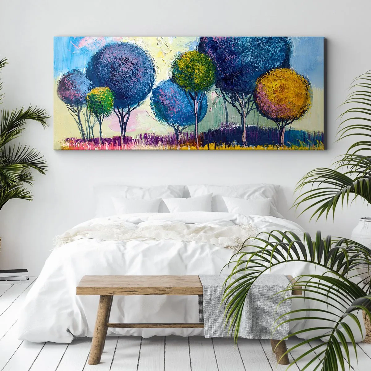 Quadro su tela - Stampe su Tela - Alberi colorati a forma di palla sullo sfondo di un paesaggio - 120x50cm - Sfera: forma ideale - Decorazione murale moderna per soggiorno e camera da letto ARTTOR